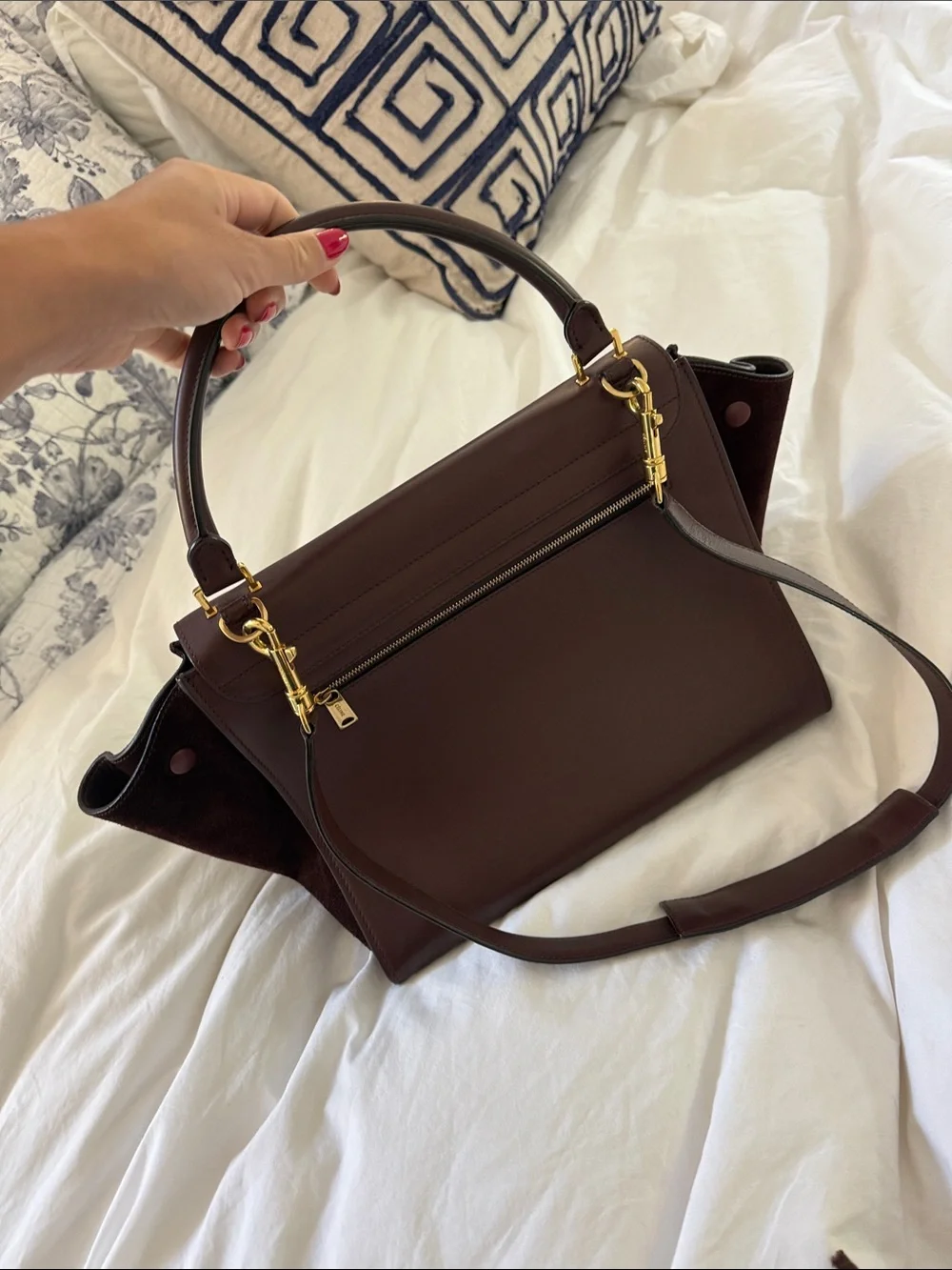 Burgundy Celine Leather and Suede Shoulder Bag with Gold Hardware